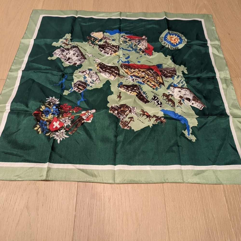 Green Silk Scarf with Swiss Map Design - Picture 4 of 8